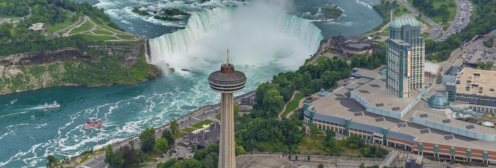 Aerial view of Horseshoe Falls and the Fallsview district in Niagara Falls, Ontario